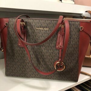 Michael Kors Red and Brown Tote Bag with Monogram Print